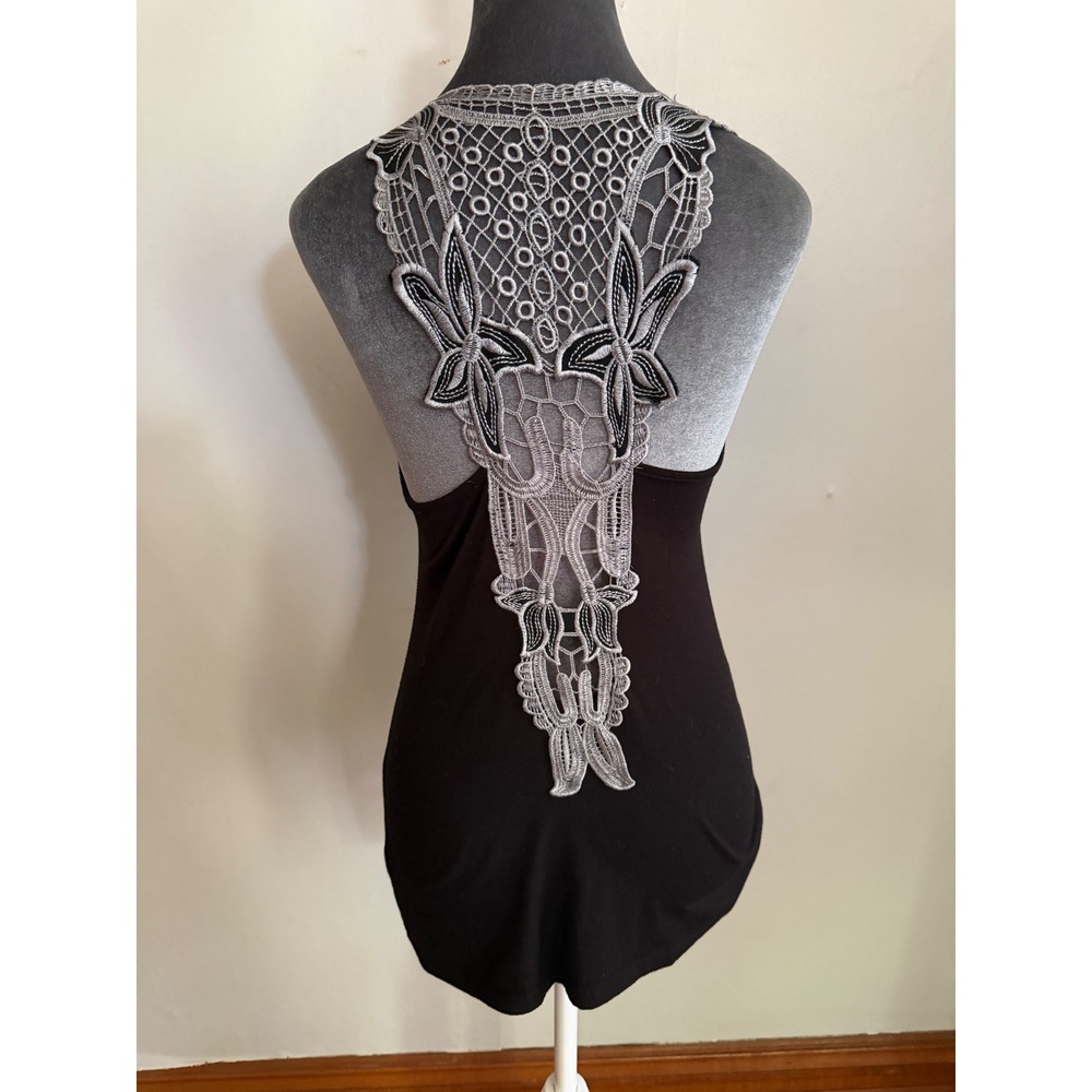 Black Tank Top‎ Crochet Lace Floral Racerback y2k grunge whimsigoth steampunk S